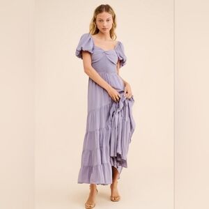 Free People Sun-drenched  Lavender Tiered Maxi Dress with Puff Sleeves